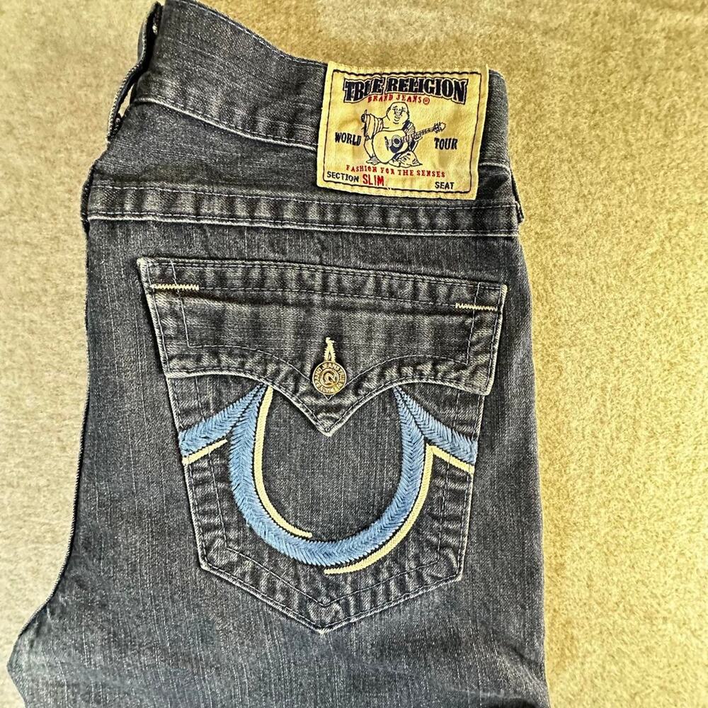 True Religion Mens Size 36 Straight Leg Jeans Dark Grey Black Wash
